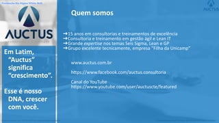 Formação Six Sigma White Belt
® Marcos Paulo Del Passo 2017 & AUCTUS - todos os direitos reservados © Copyright Marcos Paulo Del Passo 2017 & AUCTUS -Copy is prohibited
Quem somos
➜15 anos em consultorias e treinamentos de excelência
➜Consultoria e treinamento em gestão ágil e Lean IT
➜Grande expertise nos temas Seis Sigma, Lean e GP
➜Grupo excelente tecnicamente, empresa “Filha da Unicamp”
www.auctus.com.br
https://www.facebook.com/auctus.consultoria
Canal do YouTube
https://www.youtube.com/user/auctuscte/featured
Em Latim,
“Auctus”
significa
“crescimento”.
Esse é nosso
DNA, crescer
com você.
 