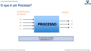 Formação Six Sigma White Belt
® Marcos Paulo Del Passo 2017 & AUCTUS - todos os direitos reservados © Copyright Marcos Paulo Del Passo 2017 & AUCTUS -Copy is prohibited
OutputsXs do Processo
ou Fatores
PROCESSO
X1
X2
X3
X...
Y1
Y2
Y...
Y’s interessam ao cliente
X’s determinam os Y’s
O que é um Processo?
 