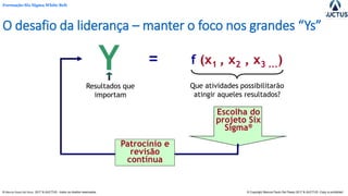 Formação Six Sigma White Belt
® Marcos Paulo Del Passo 2017 & AUCTUS - todos os direitos reservados © Copyright Marcos Paulo Del Passo 2017 & AUCTUS -Copy is prohibited
O desafio da liderança – manter o foco nos grandes “Ys”
Resultados que
importam
Que atividades possibilitarão
atingir aqueles resultados?
Y = f (x1 , x2 , x3 ...)
Patrocínio e
revisão
contínua
Escolha do
projeto Six
Sigma®
 