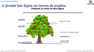 Formação Six Sigma White Belt
® Marcos Paulo Del Passo 2017 & AUCTUS - todos os direitos reservados © Copyright Marcos Paulo Del Passo 2017 & AUCTUS -Copy is prohibited
- - - - - - - - - - - - - - - - - - - - - - - - - - - - - - - - - - - -
Caracterização e Otimização de Projetos
Low Hanging Fruit
Frutos no chão
- - - - - - - - - - - - - - - - - - - - - - - - - - - - - - - - - - - -
Colhendo os Frutos do Seis Sigma
Estabilidade Lógica e Intuição
DFSS
MAIC
Baseline
Desenhando oFUTURO
A jornada Seis Sigma em termos de projetos
 