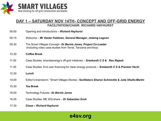 e4sv.org
DAY 1 – SATURDAY NOV 14TH- CONCEPT AND OFF-GRID ENERGY
FACILITATION/CHAIR: RICHARD HAYHURST
09.00 Opening and introductions – Richard Hayhurst
09.15 Welcome – Mr Vester Feldman, General Manager, Jetwing Lagoon
09.30 The Smart Villages Concept– Dr Bernie Jones, Project Co-Leader
(including video case studies from Terrat, Tanzania and Asia)
10.30 Coffee Break
11.00 Case Studies: ehandsenergy’s off-grid initiatives – Sreekanth C S & Rao Rajesh
11.45 Case Studies: End user financing for clean energy products – Sreekanth C S & Praveen Vechi
12.30 Lunch
14.00 Editor’s brainstorm: “Smart Villages Stories:- facilitators Sharon Schmickle & Julia Vitullo-Martin
15.30 Tea Break
16.00 Technology Futures– Dr Bernie Jones
16.45 Case Studies: ME SOLshare – Dr Sebastian Groh
17.30 Close – Richard Hayhurst
 