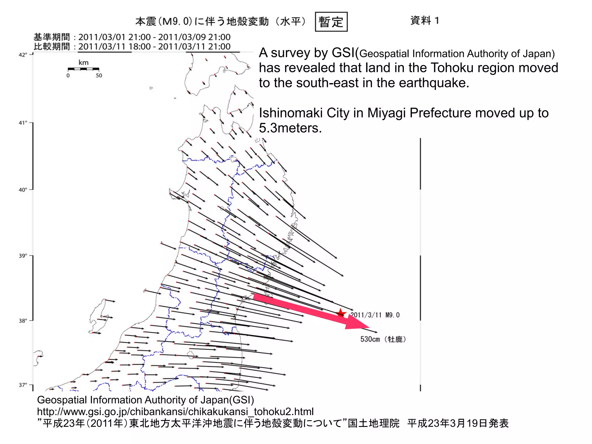 A survey by GSI(Geospatial Information Authority of Japan)
                           has revealed that land in the Tohoku region moved
                           to the south-east in the earthquake.

                           Ishinomaki City in Miyagi Prefecture moved up to
                           5.3meters.




Geospatial Information Authority of Japan(GSI)
http://www.gsi.go.jp/chibankansi/chikakukansi_tohoku2.html
”平成23年（2011年）東北地方太平洋沖地震に伴う地殻変動について”国土地理院　平成23年3月19日発表
 