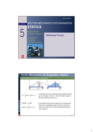 1
VECTOR MECHANICS FOR ENGINEERS:
STATICS
Ninth Edition
Ferdinand P. Beer
E. Russell Johnston, Jr.
Lecture Notes:
J. Walt Oler
Texas Tech University
CHAPTER
© 2010 The McGraw-Hill Companies, Inc. All rights reserved.
Distributed Forces:5
© 2010The McGraw-Hill Companies, Inc. All rights reserved.
Vector Mechanics for Engineers: Statics
Ninth
Edition
Distributed Loads on Beams
5 - 2
• A distributed load is represented by plotting the load
per unit length, w (N/m) . The total load is equal to
the area under the load curve.
  AdAdxwW
L
0
 
  AxdAxAOP
dWxWOP
L




0
• A distributed load can be replace by a concentrated
load with a magnitude equal to the area under the
load curve and a line of action passing through the
area centroid.
 