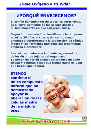 33
¡Dale Oxígeno a tu Vida!
¿PORQUÉ ENVEJECEMOS?
El común denominador de todos los seres vivos,
es el envejecimiento de las células desde el
mismo momento en que son producidas.
Según últimos estudios científicos, a la temprana
edad de 25 años el cuerpo del ser humano
empieza a deteriorarse y la producción de células
madre y las hormonas humanas del crecimiento
empieza a descender.
Las células madre son la fuente regeneradora
de los distintos tejidos del organismo.
Se ponen en acción cuando se produce un daño
tisular y emigran desde sus nichos hasta el lugar
que tienen que reparar.
STEMO2
contiene el
único compuesto
natural que ha
demostrado
apoyar la
liberación de las
células madre
de la médula
ósea.
www.synergyo2.comwww.synergyo2.com
 