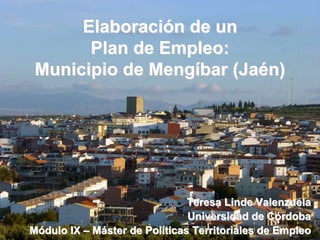 Elaboración de un
       Plan de Empleo:
 Municipio de Mengíbar (Jaén)




                               Teresa Linde Valenzuela
                               Universidad de Córdoba
Módulo IX – Máster de Políticas Territoriales de Empleo
 