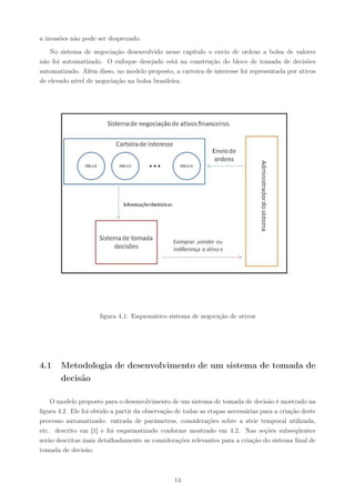 a invasões não pode ser desprezado.

    No sistema de negociação desenvolvido nesse capítulo o envio de ordens a bolsa de valores
não foi automatizado. O enfoque desejado está na construção do bloco de tomada de decisões
automatizado. Além disso, no modelo proposto, a carteira de interesse foi representada por ativos
de elevado nível de negociação na bolsa brasileira.




                     ﬁgura 4.1: Esquemático sistema de negocição de ativos




4.1    Metodologia de desenvolvimento de um sistema de tomada de
       decisão

    O modelo proposto para o desenvolvimento de um sistema de tomada de decisão é mostrado na
ﬁgura 4.2. Ele foi obtido a partir da observação de todas as etapas necessárias para a criação deste
processo automatizado: entrada de parâmetros, considerações sobre a série temporal utilizada,
etc. descrito em [1] e foi esquematizado conforme mostrado em 4.2. Nas seções subseqüentes
serão descritas mais detalhadamente as considerações relevantes para a criação do sistema ﬁnal de
tomada de decisão.



                                                14
 