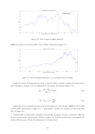 Gráfico serie temporal de preços de vale5 validação
                  60



                  55                                                                                                             Simulação efetiva


                  50



                  45
          Preço




                  40



                  35



                  30



                  25



                  20
                       0       50          100     150                   200                      250                      300       350             400          450
                                                         Tempo(dias uteis) com inicio 300 dias anteriores a 28/12/2008




                                          ﬁgura 4.6: Série temporal vale5 validação


vale5 no período entre 02/01/2004 e 28/12/2008, mostrada na ﬁgura 4.7.

                                                                  Gráfico serie temporal de preços de vale5
                  60




                  50




                  40
          Preço




                  30




                  20




                  10




                   0
                       0            200           400                            600                                 800                   1000            1200
                                                                Tempo(dias uteis) de 02/01/2004 a 28/12/2008




                           ﬁgura 4.7: Série temporal ﬁnanceira a ser analisada nesse exemplo


   Sendo Pk o preço de fechamento do dia k, é possível deﬁnir a função variação percentual diária
(Rk ) conforme a equação (4.3) ou deﬁnirmos Pk em função de Rk pela relação (4.4).

                                                                  Pk − P(k−1)
                                                   Rk =                       100%                                                                                      (4.3)
                                                                    P(k−1)



                                                                                                    Rk
                                                        Pk = P(k−1) (1 +                                )                                                               (4.4)
                                                                                                    100

   Aplicando (4.3) no exemplo da série de preço de fechamento (Pk ) do ativo vale5 de 02/01/2004
a 28/12/2008 apresentado na ﬁgura 4.7 , é apresentado o gráﬁco de variação percentual da série
(Rk ) na ﬁgura 4.8.

    Considerando as informações do gráﬁco apresentado na ﬁgura 4.8 para os primeiros 300 dias
da série anteriormente apresentada, é obtido o gráﬁco 4.9. Nela ﬁca evidenciada a necessidade dos
últimos 300 dias para cálculo das informações de longo prazo.



                                                                               18
 