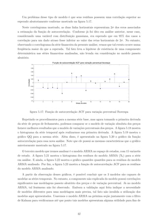 Um problema desse tipo de modelo é que seus resíduos possuem uma correlação superior ao
esperado aleatoriamente conforme mostrado na ﬁgura 5.17.

    Neste correlograma mostrado, as duas linha horizontais representam 2σ dos erros associados
a estimação da função de autocorrelação. Conforme já foi dito em análise anterior, nesse caso,
considerando uma variável com distribuição gaussiana, era esperado que em 95% dos casos a
correlação para um dado atraso fosse inferior ao valor das retas horizontais de 2σ. No entanto,
observando o correlograma da série ﬁnanceira da presente análise, vemos que tal evento ocorre numa
freqüência maior do que a esperada. Tal fato leva a hipótese de existência de uma componente
determinística nas séries ﬁnanceiras analisadas, não levada em consideração no modelo passeio
aleatório.
                                  Função de autocorrelação ACF para variação percentual Ibovespa
                       0.1


                      0.08


                      0.06


                      0.04


                      0.02
        Correlação




                        0


                     −0.02


                     −0.04


                     −0.06


                     −0.08


                      −0.1
                          0   2   4         6         8           10         12     14        16   18   20
                                                           Atraso da série




                 ﬁgura 5.17: Função de autocorrelação ACF para variação percentual Ibovespa

    Repetindo os procedimentos para a mesma série base, mas agora tomando a primeira derivada
da série de preços de fechamento, podemos comparar se o modelo de variação absoluta dos preços
fornece melhores resultados que o modelo de variações percentuais dos preços. A ﬁgura 5.18 mostra
o histograma da série temporal após realizarmos sua primeira derivada. A ﬁgura 5.19 mostra o
gráﬁco QQ para a mesma série. Além disso, é apresentado na ﬁgura 5.20 o gráﬁco da função
autocorrelação para essa nova análise. Note que ele possui as mesmas características que o gráﬁco
anteriormente mostrado na ﬁgura 5.17.

   O terceiro modelo que iremos analisar é o modelo ARMA no espaço de estados, com 15 variavéis
de estado. A ﬁgura 5.21 mostra o histograma dos resíduos do modelo ARMA (Xt ) para a série
em análise. E ainda, a ﬁgura 5.22 mostra o gráﬁco quantiles quantiles para os residuos do modelo
ARMA analisado. Por ﬁm, a ﬁgura 5.23 mostra a função de autocorrelação ACF para os resíduos
do modelo ARMA analisado.

    A partir da observação desses gráﬁcos, é possível concluir que os 3 modelos são capazes de
modelar as séries temporais. No entanto, a componente não explicada do modelo possui correlações
signiﬁcantes nas modelagens passeio aleatório dos preços e de variação percentual. Já no modelo
ARMA, tal fenômeno não foi observado. Embora a validação aqui feita indique a necessidade
de modelos diferentes para uma modelagem mais precisa, tal fato não invalida a utilização dos
modelos aqui apresentados. Usaremos o modelo ARMA na próxima seção juntamente com o ﬁltro
de Kalman para veriﬁcarmos até que ponto tais modelos apresentam alguma utilidade para ﬁns de



                                                             42
 