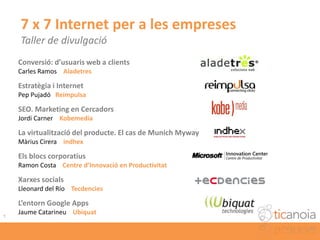 1 7 x 7 Internet per a les empreses Taller de divulgació Conversió: d’usuaris web a clients Carles Ramos    Aladetres Estratègia i Internet Pep PujadóReimpulsa SEO. Marketing en Cercadors Jordi Carner    Kobemedia La virtualització del producte. El cas de Munich Myway MàriusCireraindhex Els blocs corporatius Ramon Costa    Centre d’Innovació en Productivitat Xarxes socials Lleonard del Río    Tecdencies L’entorn Google Apps Jaume CatarineuUbiquat 