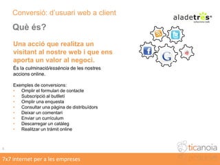Què és?7x7 internet per a les empreses3Conversió: d’usuari web a clientUna acció que realitza un visitant al nostre web i que ens aporta un valor al negoci.És la culminació/essència de les nostres accions online.Exemples de conversions:Omplir el formulari de contacte