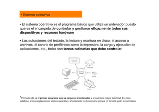 • Sistemas operativos


• El sistema operativo es el programa básico que utiliza un ordenador puesto
que es el encargado de controlar y gestionar eficazmente todos sus
dispositivos y recursos hardware

• Las pulsaciones del teclado, la lectura y escritura en disco, el acceso a
archivos, el control de periféricos como la impresora, la carga y ejecución de
aplicaciones, etc., todas son tareas rutinarias que debe controlar




*Por todo ello es el primer programa que se carga en el ordenador y el que tiene mayor prioridad. En otras
palabras, si no cargásemos el sistema operativo, el ordenador no funcionaría porque no tendría quién lo controlase
 