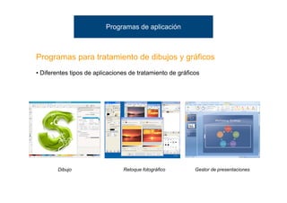 Programas de aplicación



Programas para tratamiento de dibujos y gráficos
• Diferentes tipos de aplicaciones de tratamiento de gráficos




        Dibujo                  Retoque fotográfico        Gestor de presentaciones
 