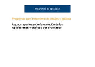Programas de aplicación



Programas para tratamiento de dibujos y gráficos

Algunos apuntes sobre la evolución de las
Aplicaciones y gráficos por ordenador
 