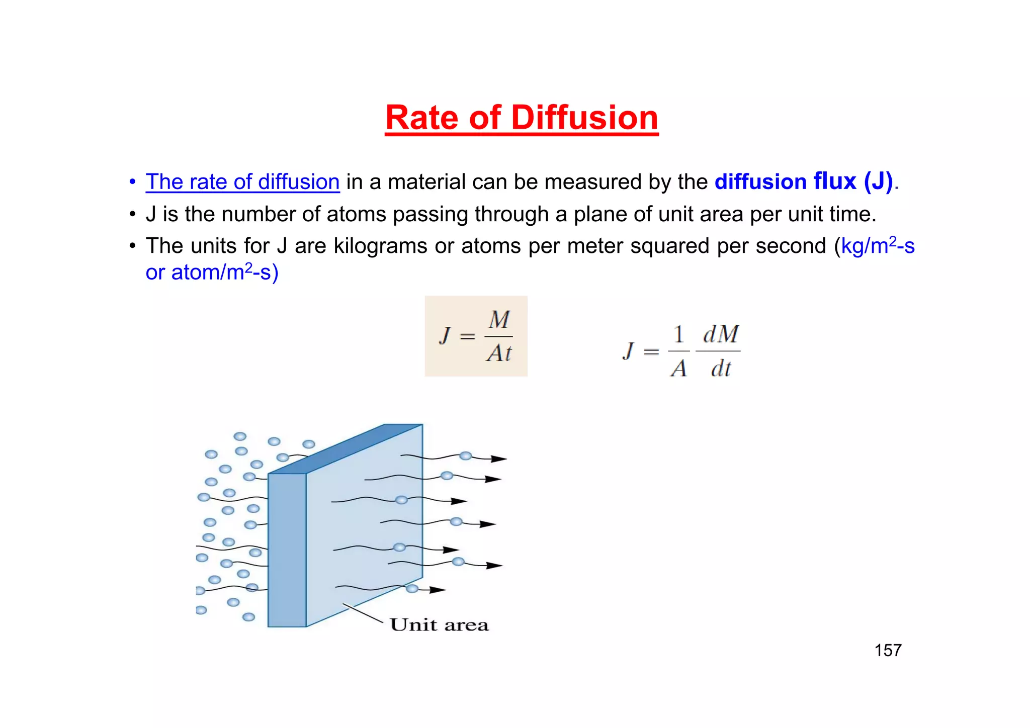 Rate of Diffusion
• The rate of diffusion in a material can be measured by the diffusion flux (J).
• J is the number of atoms passing through a plane of unit area per unit time.
• The units for J are kilograms or atoms per meter squared per second (kg/m2-s
or atom/m2-s)
157
 