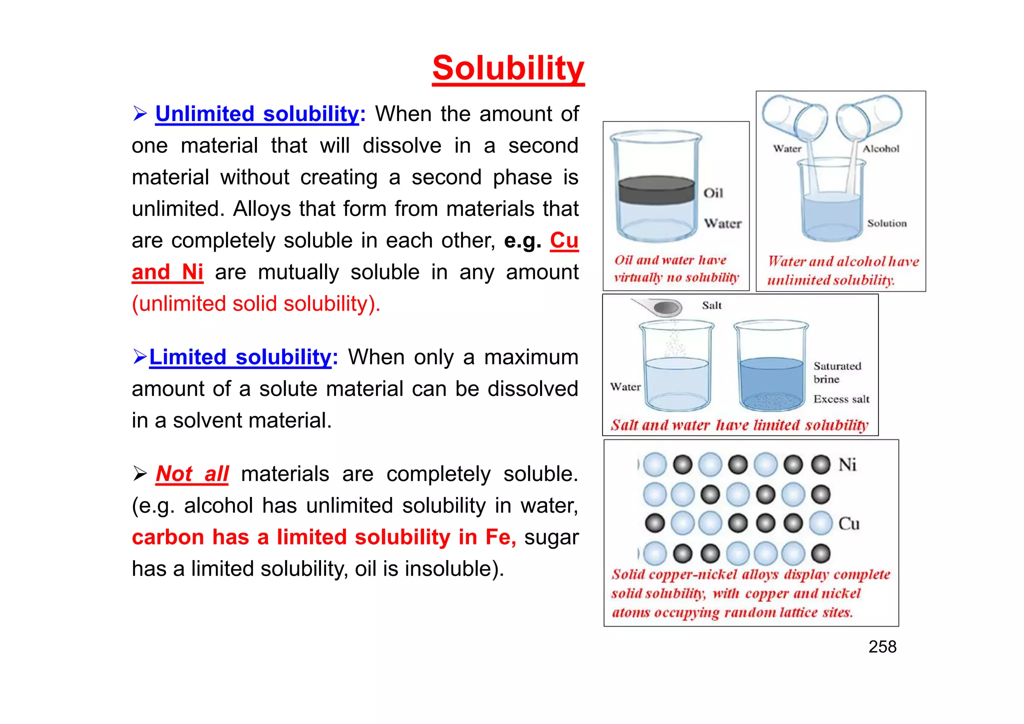 Solubility
 Unlimited solubility: When the amount of
one material that will dissolve in a second
material without creating a second phase is
unlimited. Alloys that form from materials that
are completely soluble in each other, e.g. Cu
and Ni are mutually soluble in any amount
(unlimited solid solubility).
Limited solubility: When only a maximum
amount of a solute material can be dissolved
in a solvent material.
 Not all materials are completely soluble.
(e.g. alcohol has unlimited solubility in water,
carbon has a limited solubility in Fe, sugar
has a limited solubility, oil is insoluble).
258
 