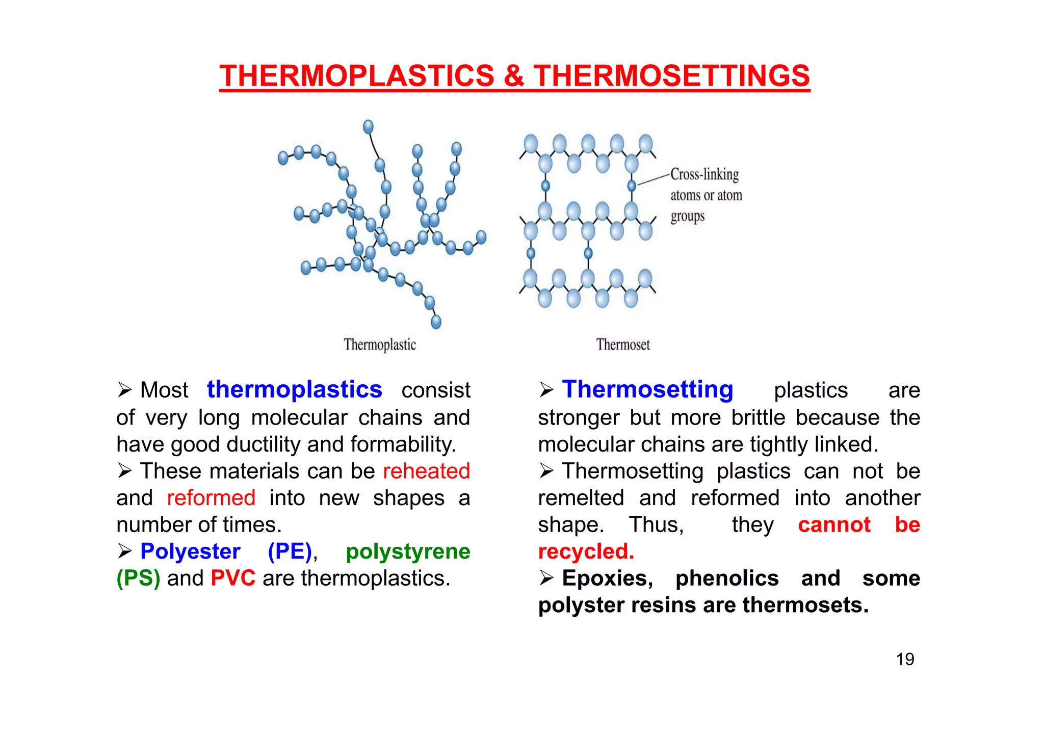  Most thermoplastics consist
of very long molecular chains and
have good ductility and formability.
 These materials can be reheated
and reformed into new shapes a
number of times.
 Polyester (PE), polystyrene
(PS) and PVC are thermoplastics.
THERMOPLASTICS & THERMOSETTINGS
 Thermosetting plastics are
stronger but more brittle because the
molecular chains are tightly linked.
 Thermosetting plastics can not be
remelted and reformed into another
shape. Thus, they cannot be
recycled.
 Epoxies, phenolics and some
polyster resins are thermosets.
19
 