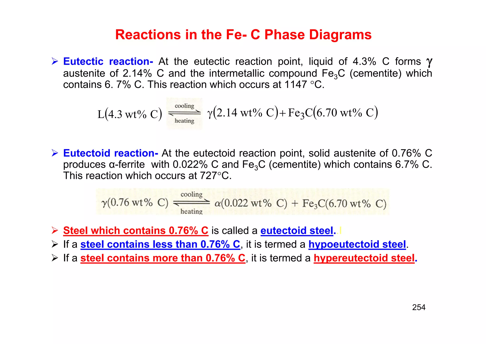 254
Reactions in the Fe- C Phase Diagrams
 Eutectic reaction- At the eutectic reaction point, liquid of 4.3% C forms 
austenite of 2.14% C and the intermetallic compound Fe3C (cementite) which
contains 6. 7% C. This reaction which occurs at 1147 C.
 Eutectoid reaction- At the eutectoid reaction point, solid austenite of 0.76% C
produces α-ferrite with 0.022% C and Fe3C (cementite) which contains 6.7% C.
This reaction which occurs at 727C.
 Steel which contains 0.76% C is called a eutectoid steel..I
 If a steel contains less than 0.76% C, it is termed a hypoeutectoid steel.
 If a steel contains more than 0.76% C, it is termed a hypereutectoid steel.
 
C
%
wt
3
.
4
L    
C
%
wt
70
.
6
C
Fe
C
%
wt
14
.
2 3


 