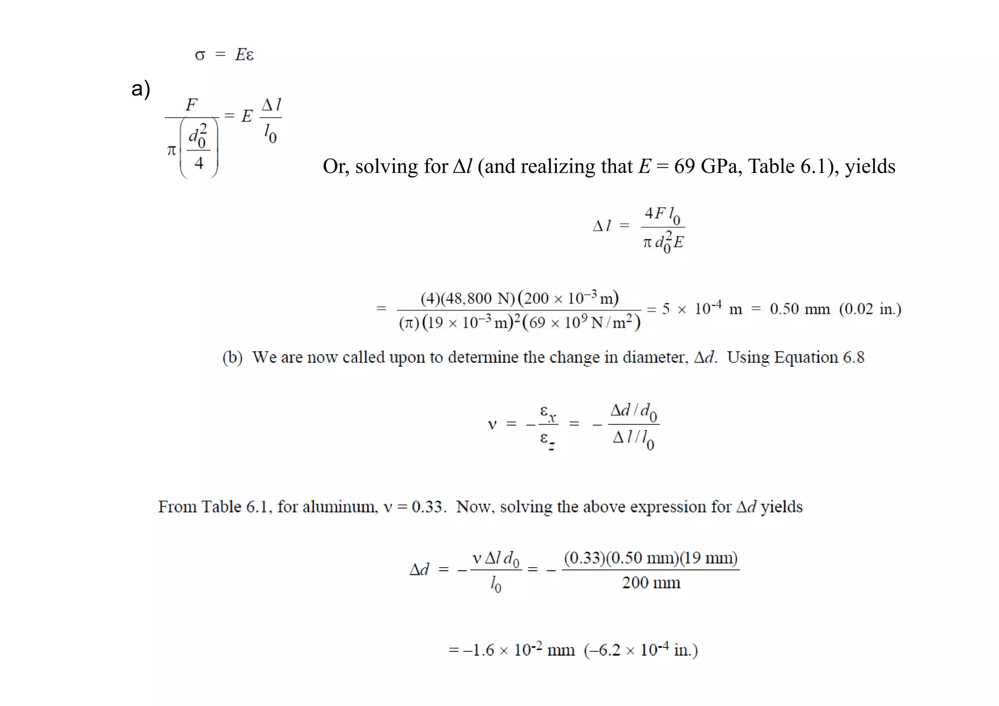 206
Or, solving for Δl (and realizing that E = 69 GPa, Table 6.1), yields
a)
 
