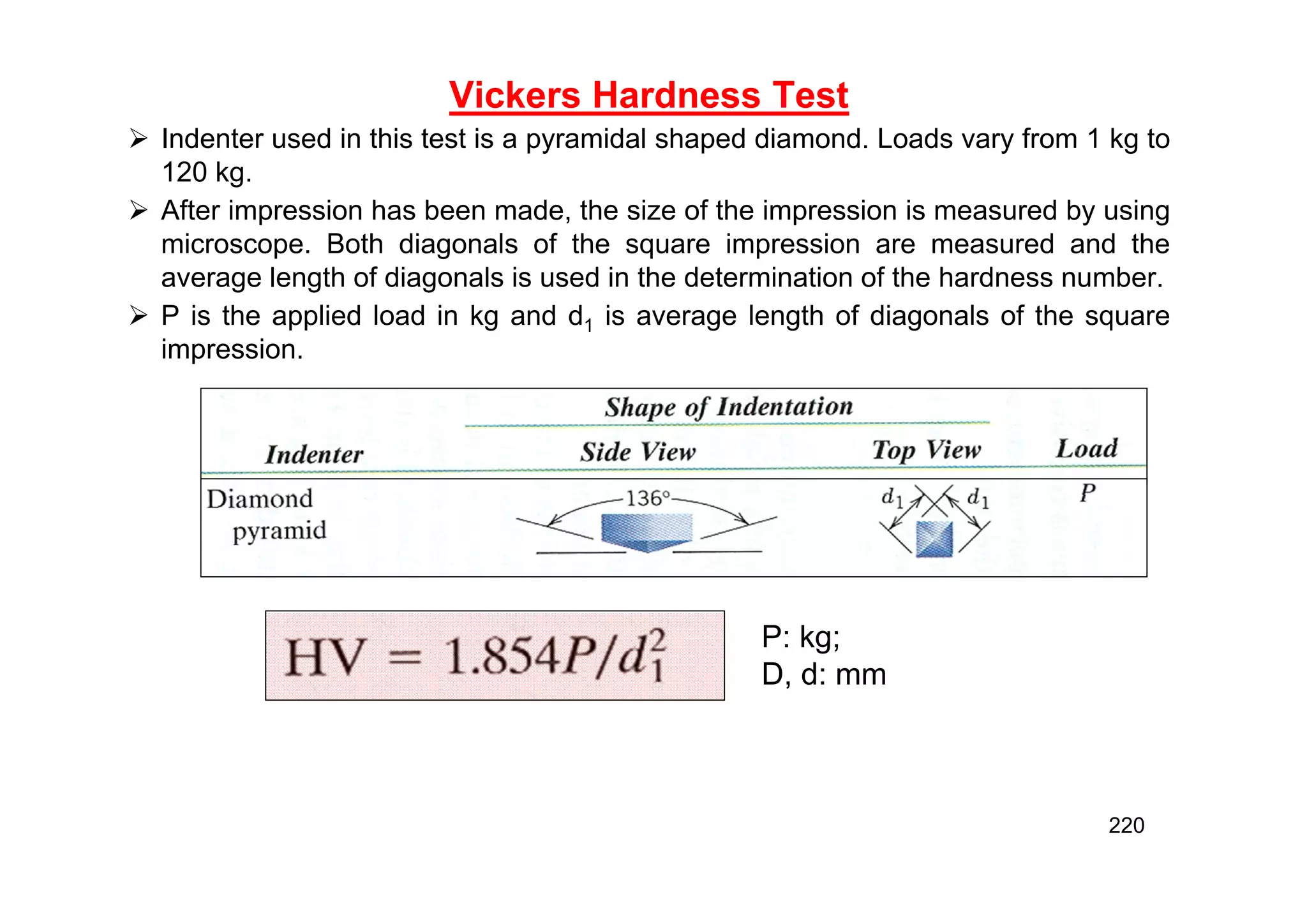Vickers Hardness Test
 Indenter used in this test is a pyramidal shaped diamond. Loads vary from 1 kg to
120 kg.
 After impression has been made, the size of the impression is measured by using
microscope. Both diagonals of the square impression are measured and the
average length of diagonals is used in the determination of the hardness number.
 P is the applied load in kg and d1 is average length of diagonals of the square
impression.
P: kg;
D, d: mm
220
 
