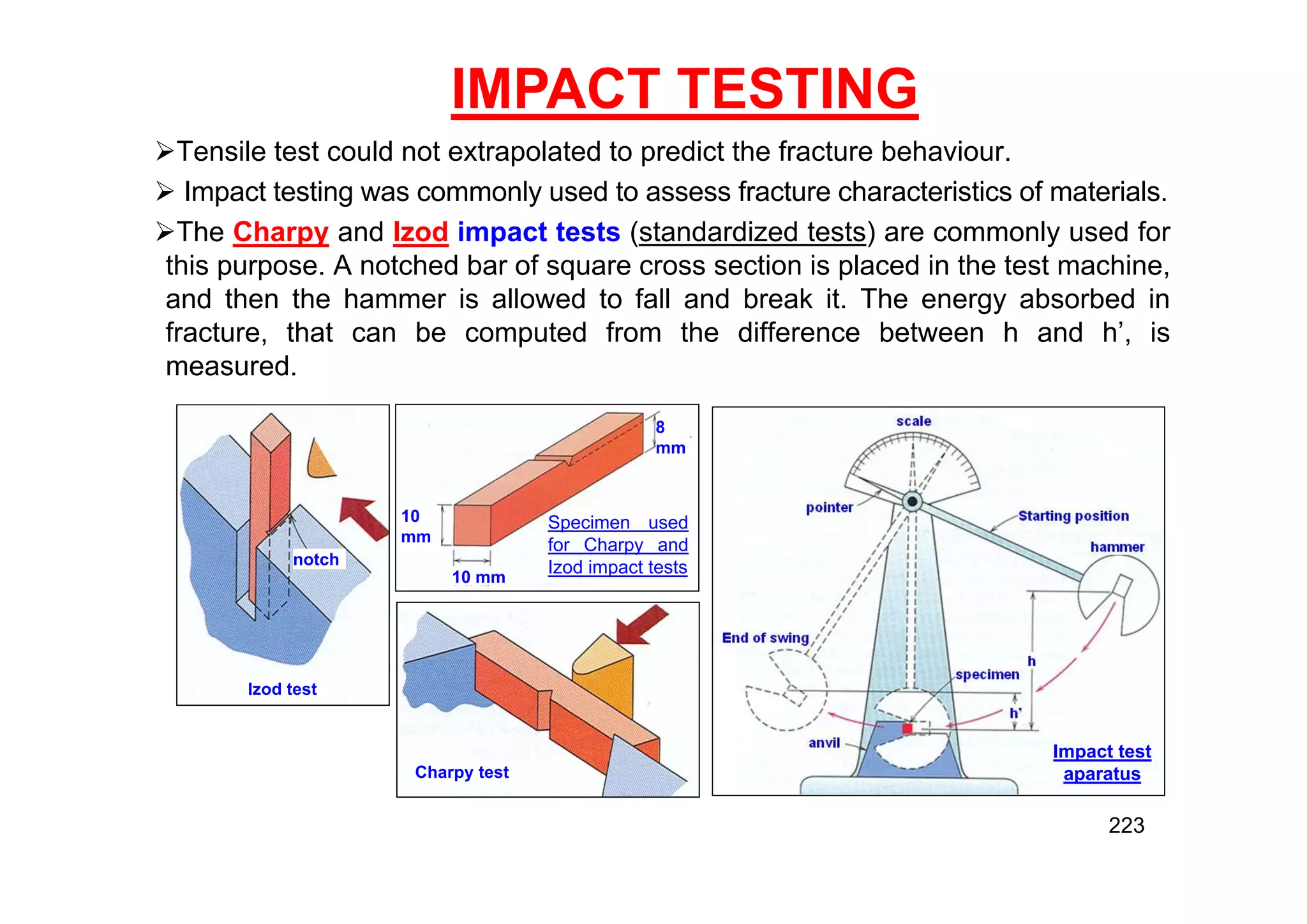 Tensile test could not extrapolated to predict the fracture behaviour.
 Impact testing was commonly used to assess fracture characteristics of materials.
The Charpy and Izod impact tests (standardized tests) are commonly used for
this purpose. A notched bar of square cross section is placed in the test machine,
and then the hammer is allowed to fall and break it. The energy absorbed in
fracture, that can be computed from the difference between h and h’, is
measured.
IMPACT TESTING
10
mm
10 mm
8
mm
Charpy test
Izod test
notch
Specimen used
for Charpy and
Izod impact tests
Impact test
aparatus
223
 