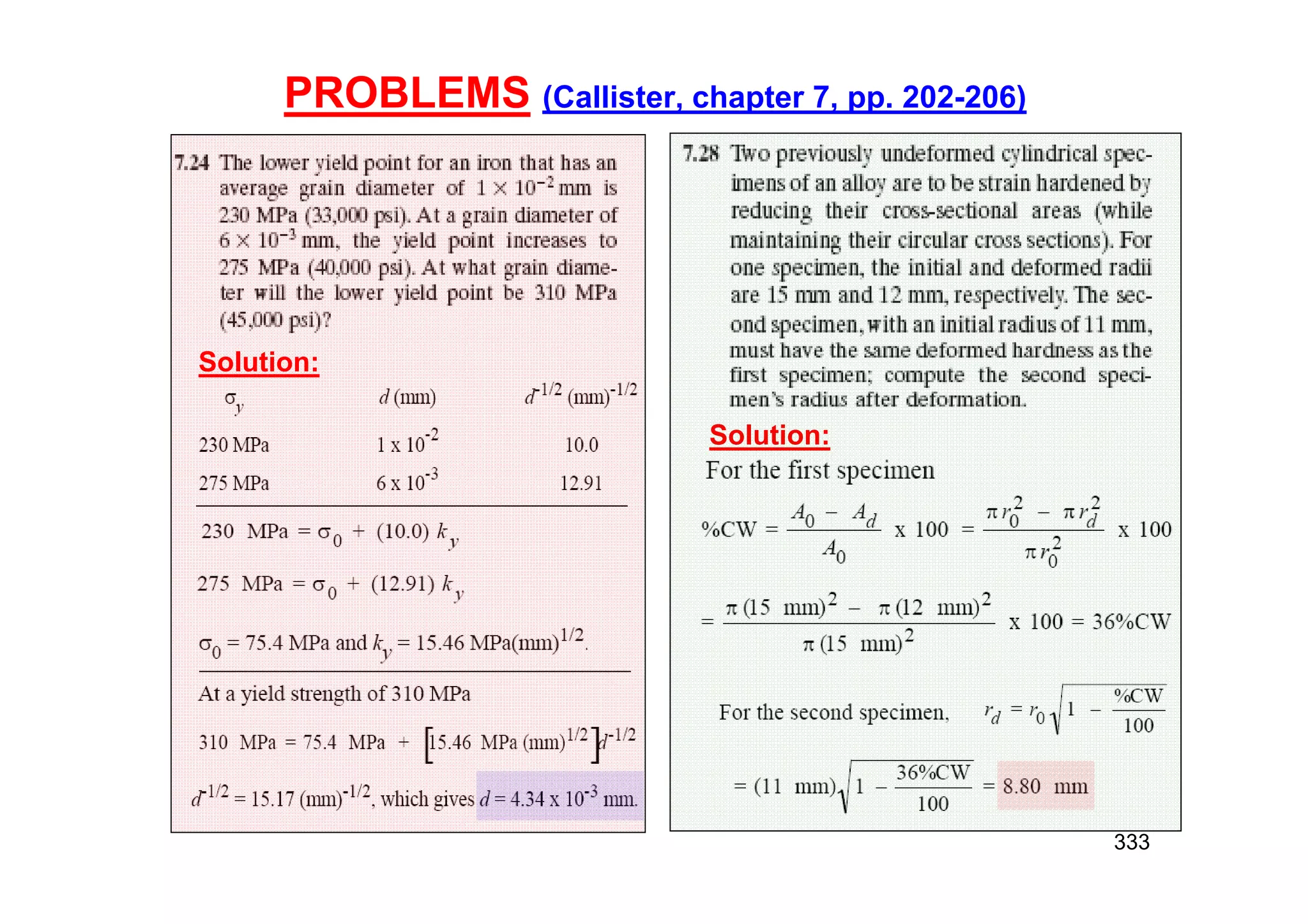 PROBLEMS (Callister, chapter 7, pp. 202-206)
333
Solution:
Solution:
 
