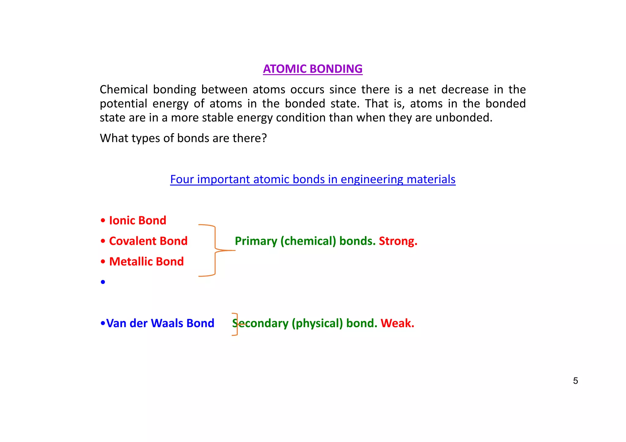 ATOMIC BONDING
Chemical bonding between atoms occurs since there is a net decrease in the
potential energy of atoms in the bonded state. That is, atoms in the bonded
state are in a more stable energy condition than when they are unbonded.
What types of bonds are there?
Four important atomic bonds in engineering materials
• Ionic Bond
• Covalent Bond Primary (chemical) bonds. Strong.
• Metallic Bond
•
•Van der Waals Bond Secondary (physical) bond. Weak.
5
 