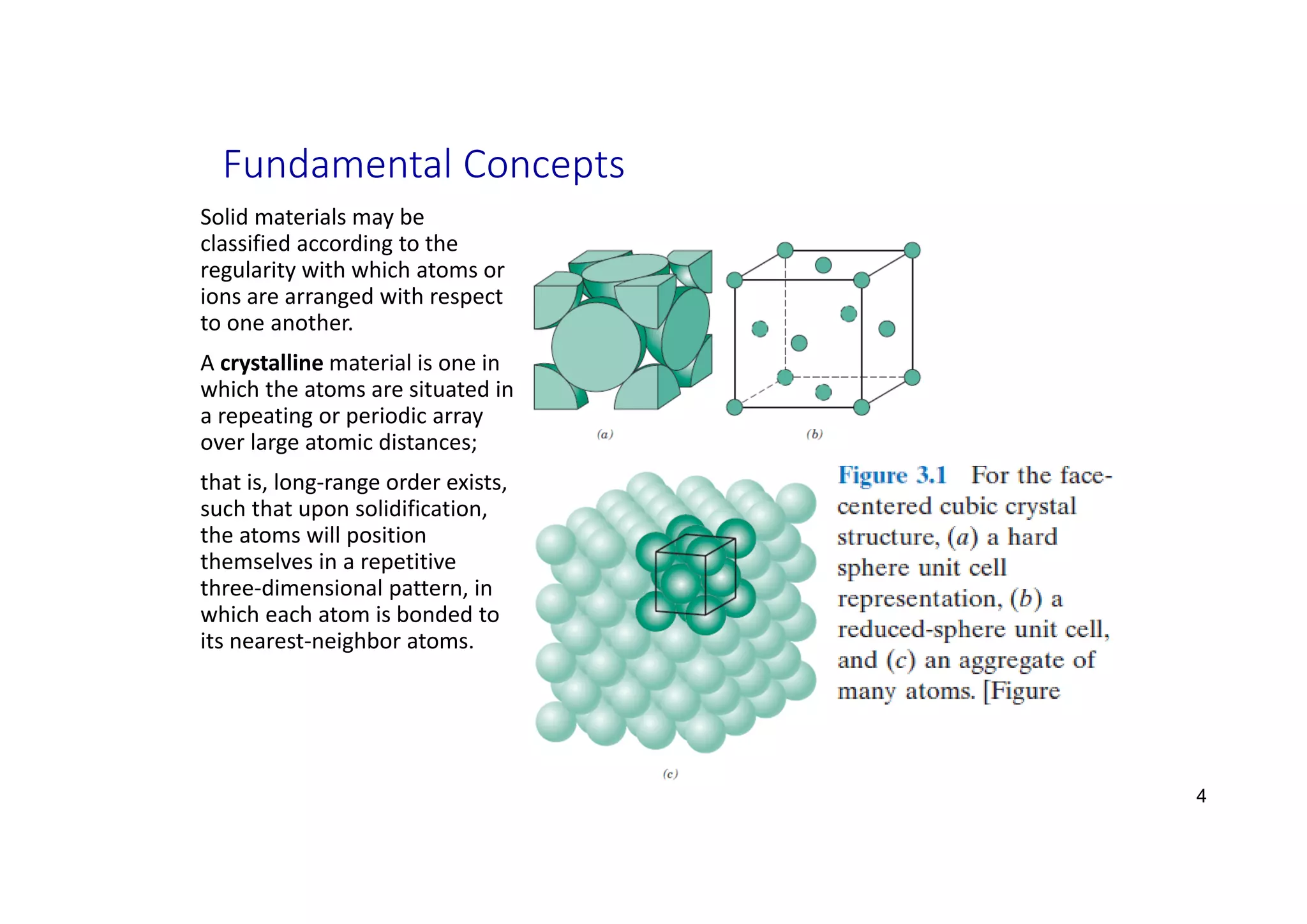 Fundamental Concepts
Solid materials may be
classified according to the
regularity with which atoms or
ions are arranged with respect
to one another.
A crystalline material is one in
which the atoms are situated in
a repeating or periodic array
over large atomic distances;
that is, long‐range order exists,
such that upon solidification,
the atoms will position
themselves in a repetitive
three‐dimensional pattern, in
which each atom is bonded to
its nearest‐neighbor atoms.
4
 