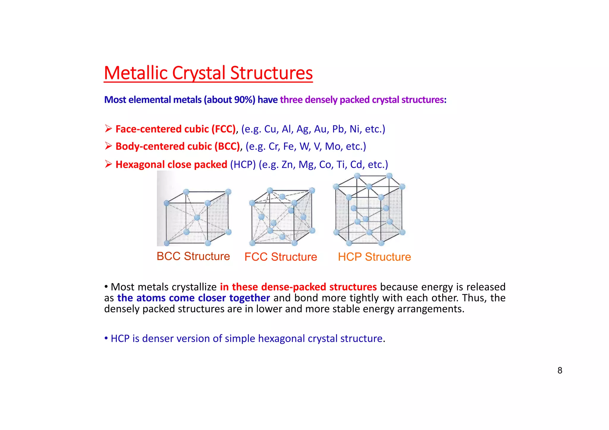 Metallic Crystal Structures
Most elemental metals (about 90%) have three densely packed crystal structures:
 Face‐centered cubic (FCC), (e.g. Cu, Al, Ag, Au, Pb, Ni, etc.)
 Body‐centered cubic (BCC), (e.g. Cr, Fe, W, V, Mo, etc.)
 Hexagonal close packed (HCP) (e.g. Zn, Mg, Co, Ti, Cd, etc.)
• Most metals crystallize in these dense‐packed structures because energy is released
as the atoms come closer together and bond more tightly with each other. Thus, the
densely packed structures are in lower and more stable energy arrangements.
• HCP is denser version of simple hexagonal crystal structure.
BCC Structure FCC Structure HCP Structure
8
 