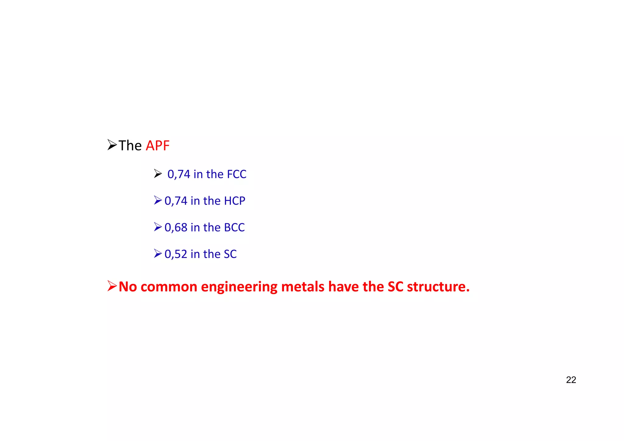 The APF
 0,74 in the FCC
0,74 in the HCP
0,68 in the BCC
0,52 in the SC
No common engineering metals have the SC structure.
22
 