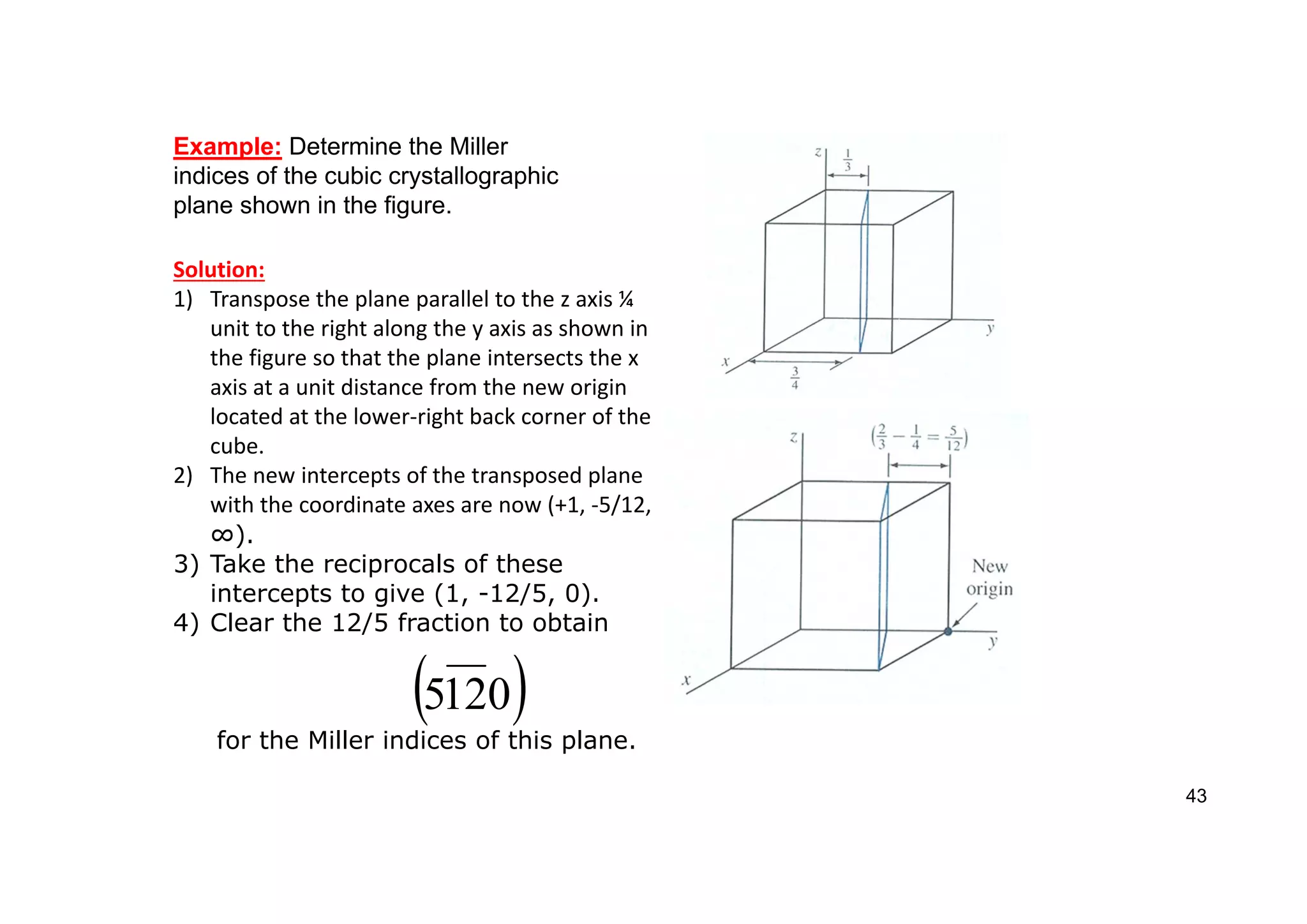  
0
12
5
Example: Determine the Miller
indices of the cubic crystallographic
plane shown in the figure.
Solution:
1) Transpose the plane parallel to the z axis ¼
unit to the right along the y axis as shown in
the figure so that the plane intersects the x
axis at a unit distance from the new origin
located at the lower‐right back corner of the
cube.
2) The new intercepts of the transposed plane
with the coordinate axes are now (+1, ‐5/12,
∞).
3) Take the reciprocals of these
intercepts to give (1, -12/5, 0).
4) Clear the 12/5 fraction to obtain
for the Miller indices of this plane.
43
 