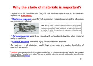 Why the study of materials is important?
Engineers choose materials to suit design or new materials might be needed for some new
applications. For example:
 Mechanical engineers search for high temperature resistant materials so that jet engines
can operate more efficiently.
 Aerospace engineers search for materials with higher strength to weight ratios for aircraft
and space vehicles.
 Chemical engineers need more highly corrosion resistant materials.
So, engineers in all disciplines should have some basic and applied knowledge of
engineering materials.
Corrosion is the disintegration of an engineering material into its constituent atoms due to chemical reactions with
its surroundings. Formation of an oxide of iron due to oxidation of the iron atoms in solid solution is a well-known
example of corrosion (rusting).
12
Figure. A section through a jet engine. The forward compression section operates
at low to medium temperatures, and titanium parts are often used. The rear
combustion section operates at high temperatures and nickel-based superalloys
are required. The outside shell experiences low temperatures, and aluminum and
composites are satisfactory.
 