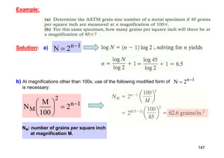 Example:
1
n
2
N 

Solution: a)
b) At magnifications other than 100x, use of the following modified form of
is necessary:
1
n
2
N 

1
n
2
M 2
100
M
N 







NM: number of grains per square inch
at magnification M.
147
 