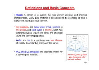 Definitions and Basic Concepts
 For example, the sugar-water syrup solution is
one phase, and solid sugar is another. Each has
different physical (liquid and solid) and chemical
(pure and solution) properties.
 Water and ice in a container are two phases,
physically dissimilar but chemically the same.
 FCC and BCC structures are separate phases for
a polymorphic material. The three forms of water
– gas, liquid, and solid –
are each a phase.
250
 Phase: A portion of a system that has uniform physical and chemical
characteristics. Every pure material is considered to be a phase; so also is
every solid, liquid, gaseous solution.
 