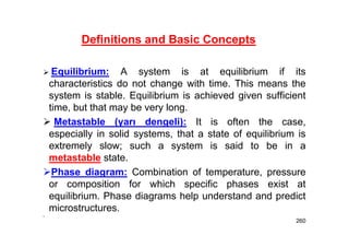 260
 Equilibrium: A system is at equilibrium if its
characteristics do not change with time. This means the
system is stable. Equilibrium is achieved given sufficient
time, but that may be very long.
 Metastable (yarı dengeli): It is often the case,
especially in solid systems, that a state of equilibrium is
extremely slow; such a system is said to be in a
metastable state.
Phase diagram: Combination of temperature, pressure
or composition for which specific phases exist at
equilibrium. Phase diagrams help understand and predict
microstructures.
•
Definitions and Basic Concepts
 