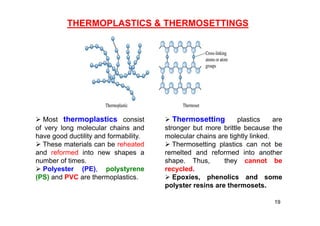  Most thermoplastics consist
of very long molecular chains and
have good ductility and formability.
 These materials can be reheated
and reformed into new shapes a
number of times.
 Polyester (PE), polystyrene
(PS) and PVC are thermoplastics.
THERMOPLASTICS & THERMOSETTINGS
 Thermosetting plastics are
stronger but more brittle because the
molecular chains are tightly linked.
 Thermosetting plastics can not be
remelted and reformed into another
shape. Thus, they cannot be
recycled.
 Epoxies, phenolics and some
polyster resins are thermosets.
19
 