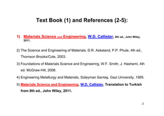Text Book (1) and References (2-5):
1) Materials Science and Engineering, W.D. Callister, 8th ed., John Wiley,
2011.
2) The Science and Engineering of Materials, D.R. Askeland, P.P. Phule, 4th ed.,
Thomson Brooks/Cole, 2003.
3) Foundations of Materials Science and Engineering, W.F. Smith, J. Hashemi, 4th
ed. McGraw-Hill, 2006.
4) Engineering Metallurgy and Materials, Süleyman Sarıtaş, Gazi University, 1995.
5) Materials Science and Engineering, W.D. Callister, Translation to Turkish
from 8th ed., John Wiley, 2011.
2
 