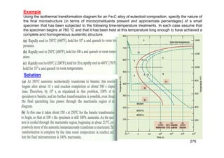276
Example
Using the isothermal transformation diagram for an Fe-C alloy of eutectoid composition, specify the nature of
the final microstructure (in terms of microconstituents present and approximate percentages) of a small
specimen that has been subjected to the following time-temperature treatments. In each case assume that
the specimen begins at 760 °C and that it has been held at this temperature long enough to have achieved a
complete and homogeneous austenitic structure.
Solution
 
