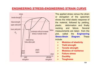 ENGINEERING STRESS-ENGINEERING STRAIN CURVE
The applied stress versus the strain
or elongation of the specimen
shows the initial elastic response of
the material, followed by yielding,
plastic deformation and finally
necking and failure. Several
measurements are taken from the
plot, called the Engineering
Stress-Strain Diagram. These
include:
 Modulus of elasticity
 Yield strength
 Tensile strength
 Modulus of resilience
 Failure stress
 Ductility
 Toughness
184
 