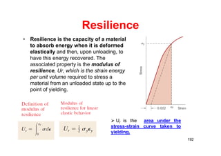 Resilience
• Resilience is the capacity of a material
to absorb energy when it is deformed
elastically and then, upon unloading, to
have this energy recovered. The
associated property is the modulus of
resilience, Ur, which is the strain energy
per unit volume required to stress a
material from an unloaded state up to the
point of yielding.
192
 Ur is the area under the
stress-strain curve taken to
yielding.
 