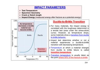 Ductile-to-Brittle Transition
For many materials, the impact energy is
correlated with the toughness determined in
a tensile test (area under the stress-strain
curve). However, as temperature drops,
some materials show a transition from ductile
to brittle behavior.
Impact test determine whether or not a
material experiences a ductile-to-brittle
transition with decreasing temperature.
Temperature at which a material changes
from ductile to brittle failure is called
transition temperature.
Transition temperature is usually taken as
the point where 50% of the fracture is brittle.
IMPACT PARAMETERS
 Test Temperature
 Specimen Geometry
 Crack or Notch length
 Impact Energy (measured energy after fracture as a potential energy)
As temperature
decreases a ductile
material can
become brittle
224
 