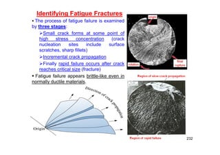 Identifying Fatigue Fractures
 The process of fatigue failure is examined
by three stages:
Small crack forms at some point of
high stress concentration (crack
nucleation sites include surface
scratches, sharp fillets)
Incremental crack propagation
Finally rapid failure occurs after crack
reaches critical size (fracture)
 Fatigue failure appears brittle-like even in
normally ductile materials.
232
 
