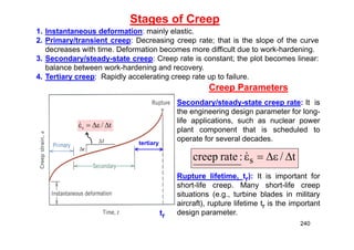 Stages of Creep
1. Instantaneous deformation: mainly elastic.
2. Primary/transient creep: Decreasing creep rate; that is the slope of the curve
decreases with time. Deformation becomes more difficult due to work-hardening.
3. Secondary/steady-state creep: Creep rate is constant; the plot becomes linear:
balance between work-hardening and recovery.
4. Tertiary creep: Rapidly accelerating creep rate up to failure.
Creep Parameters
Secondary/steady-state creep rate: It is
the engineering design parameter for long-
life applications, such as nuclear power
plant component that is scheduled to
operate for several decades.
Rupture lifetime, tr): It is important for
short-life creep. Many short-life creep
situations (e.g., turbine blades in military
aircraft), rupture lifetime tr is the important
design parameter.
t
/
:
rate
creep s 





t
/
s 





tr
tertiary
240
 