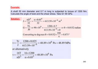 Example:
A shaft 50 mm diameter and 0.7 m long is subjected to torque of 1200 Nm.
Calculate the angle of twist and the shear stress. Take G= 90 GPa.
Solution:



























871
.
0
180
0152
.
0
rees
deg
to
Converting
radian
0152
.
0
10
59
.
613
7
.
0
1200
10
90
J
TL
G
m
10
59
.
613
32
05
.
0
32
D
J
9
9
4
9
4
4
Pa
10
89
.
48
05
.
0
1200
16
D
T
16
ely
alternativ
or
MPa
89
.
48
Pa
10
89
.
48
10
59
.
613
025
.
0
1200
J
Tr
6
3
3
6
9


















265
 