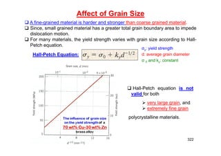 322
Hall-Petch Equation:
σy: yield strength
d: average grain diameter
σ 0 and ky: constant
Affect of Grain Size
 A fine-grained material is harder and stronger than coarse grained material.
 Since, small grained material has a greater total grain boundary area to impede
dislocation motion.
 For many materials, the yield strength varies with grain size according to Hall-
Petch equation.
 Hall-Petch equation is not
valid for both
 very large grain, and
 extremely fine grain
polycrystalline materials.
 