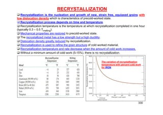 330
RECRYSTALLIZATION
 Recrystallization is the nucleation and growth of new, strain free, equiaxed grains with
low dislocation density which is characteristics of precold-worked state.
 Recrystallization process depends on time and temperature.
 Recrystallization temperature is the temperature at which recrystallization completed in one hour
(typically 0.3 – 0.5 Tmelting).
 Mechanical properties are restored to precold-worked state.
 The recrystallized metal has a low strength but a high ductility.
 Dislocation density greatly reduced by recrystallization.
 Recrystallization is used to refine the grain structure of cold worked material.
 Recrystallization temperature and rate decrease when the amount of cold work increases.
 Without a minimum amount of cold work (5-15%), there is no recrystallization.
The variation of recrystallization
temperature with percent cold work
for IRON
 