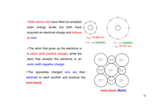 • Both atoms now have filled (or emptied)
outer energy levels but both have
acquired an electrical charge and behave
as ions.
• The atom that gives up the electrons is
a cation (with positive charge), while the
atom that accepts the electrons is an
anion (with negative charge).
• The oppositely charged ions are then
attracted to each another and produce the
ionic bond.
rNa+ =0.095 nm
(stable)
rCl- =0.181 nm
(stable)
ionic bond, (NaCl)
12
 
