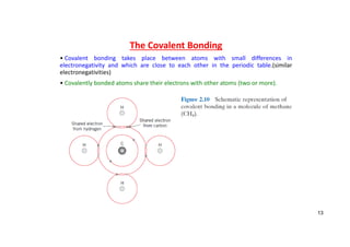The Covalent Bonding
• Covalent bonding takes place between atoms with small differences in
electronegativity and which are close to each other in the periodic table.(similar
electronegativities)
• Covalently bonded atoms share their electrons with other atoms (two or more).
13
 