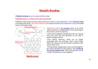 Metallic Bonding
• Metallic bonding occurs in metals and their alloys.
• Metallic atoms have three or less valence electrons.
• Metallic materials give up their valence electrons to form a "sea of electrons “ (or an electron cloud)
surrounding the atoms. The valence electrons are weakly bonded to the positive‐ion cores and readily
move in the metal crystal.
• Aluminum (z=13), for example, gives up its three
valence electrons, leaving behind a core consisting of
the nucleus and inner electrons.
• Since three negatively charged electrons are missing
from this core, the core becomes an ion with a
positive charge of three.
• The valence electrons, which are no longer
associated with any particular atom, move freely
within the electron sea and become associated with
several atom cores.
• The positively charged atom cores are held together
by mutual attraction to the electron, thus producing
the strong metallic bond. These free electrons act as
a “glue” to hold the ion cores together.
valence electrons=3
positively charged
ion core
electron cloud
(free electrons)
Metallic bond
15
 