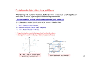 Crystallographic Points, Directions, and Planes
When dealing with crystalline materials, it often becomes necessary to specify a particular
point within a unit cell, crystallographic direction or plane of atoms.
Crystallographic Points (Atom Positions in Cubic Unit Cell)
To locate atom positions in cubic unit cell; x, y, and z axes are used.
 y axis is the direction to the right.
 x axis is the direction coming out of the paper.
 z axis is the direction towards top.
 Negative directions are to the opposite of positive directions.
 Atom positions are located using unit distances along the axes.
x, y, and z axes for locating atom
positions in cubic unit cell
Atom positions in BCC unit cell
29
 