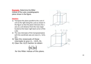 
0
12
5
Example: Determine the Miller
indices of the cubic crystallographic
plane shown in the figure.
Solution:
1) Transpose the plane parallel to the z axis ¼
unit to the right along the y axis as shown in
the figure so that the plane intersects the x
axis at a unit distance from the new origin
located at the lower‐right back corner of the
cube.
2) The new intercepts of the transposed plane
with the coordinate axes are now (+1, ‐5/12,
∞).
3) Take the reciprocals of these
intercepts to give (1, -12/5, 0).
4) Clear the 12/5 fraction to obtain
for the Miller indices of this plane.
43
 